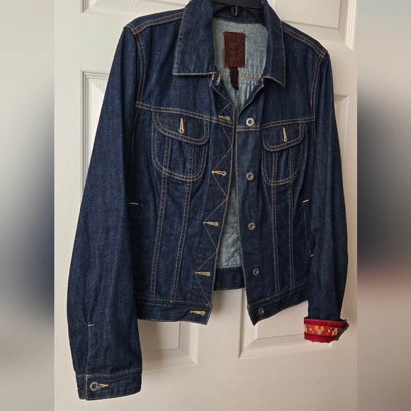 Lucky Brand Denim Jean Jacket with Embroidery Back & Leather Patch Women Size XL - Picture 4 of 7